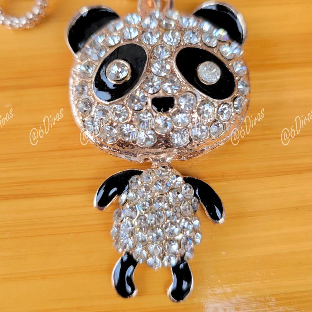 𝅺PANDA Bear Crystal Pendant Necklace Black Gold Trim with Movable Parts